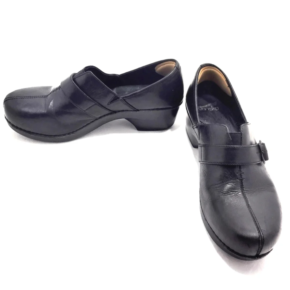 Dansko Tamara Black Leather Slip-On Clogs With Adjustable Strap - Picture 2 of 16
